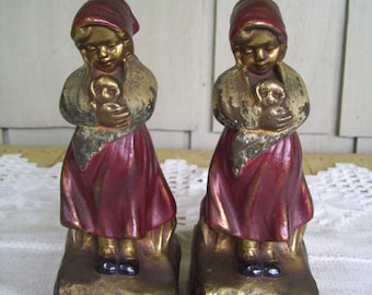 Antique Armor Bronze Bookends, Peasant Girl with Puppy, Cast Metal Bookends