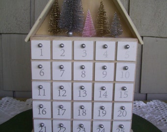 Vintage Wooden Advent Wooden Calendar House with 25 Drawers and Metallic Trees, Christmas Countdown