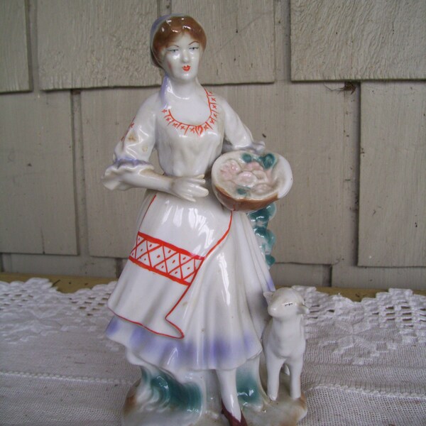 Vintage Fine Porcelain Lady with Sheep and Basket, Made in Romania by Arpo, Curtea De Agnes