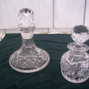 Two Vintage Brilliant Cut Glass Cologne Perfume Vanity Bottles Decanters, Clear Cut Glass Perfume Decanters