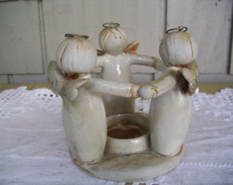 Vintage Stoneware Pottery Circle of Angels Votive Tea Lite Candleholder. Angels Candleholder, Christmas Candlelight