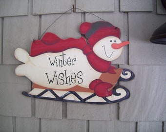 Vintage Wooden Winter Sign, Winter Wishes Sign, Snowman Sign