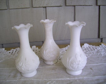 Three Vintage Imperial Milk Glass Bud Vases 6.25" with Ruffled Rim and Raised Roses, White Bud Vases