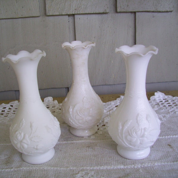 Three Vintage Imperial Milk Glass Bud Vases 6.25" with Ruffled Rim and Raised Roses, White Bud Vases