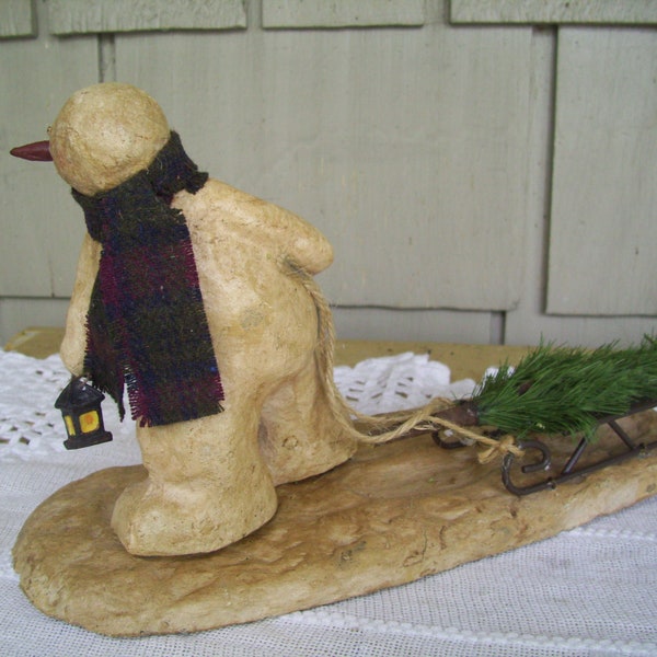 Large Snowman pulling sled with tree figurine, Snowman Decor