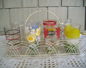 Eight Vintage Mid-century Glass Tumblers in Caddy Carrier, Eight Oz Glasses with Caddy