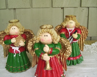 Three Vintage Colorful Angel Figurines with Musical Instruments, Christmas Angels