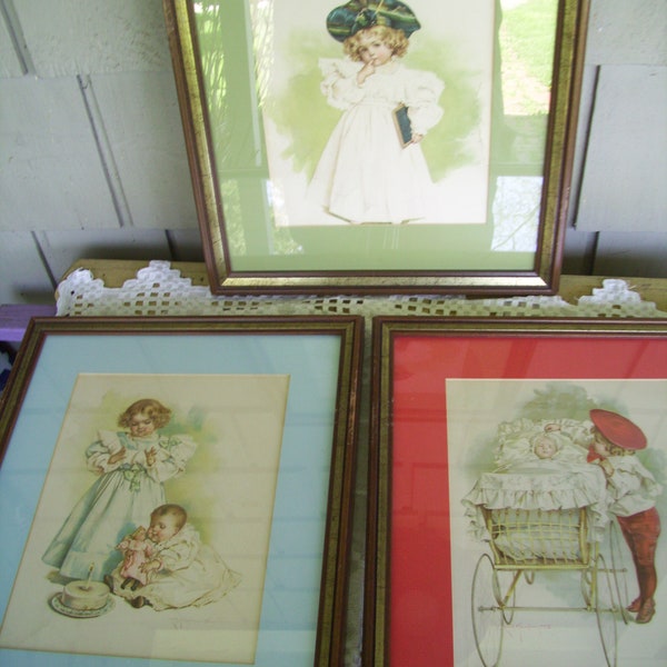 Three Vintage Framed Girls Nursery Prints, by Maud Humphrey Bogart, Baby Girls Wall Decor