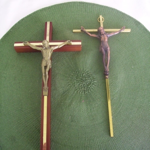 Two Vintage INRA Wall Crucifixes 10&quot;, Catholic Religious, Brass Wall Crucifix