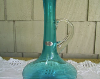 Vintage MCM Large Hand Blown Handled Marine Aqua Vase, MCM Decor Vase. Made in USA by Bishoff