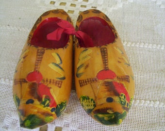 Vintage Hand Painted Mini Wooden Shoes, Souvenir of Holland Michigan, Made in Holland