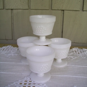 Four Vintage Milk Glass Sherbert Ice Cream Goblets, Harvest Grape Pattern by Indiana Glass