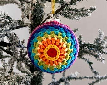 Cotton Crochet Holiday Ornament 3.5" Ball-Rainbow with Red Center; Party Decoration; Home Decor; Christmas Decor; Pride Decoration