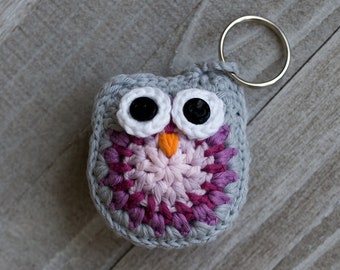 3" Cotton Crochet Owl Key Ring--Gray/Purple/Pink; Keychain; Keyring; Lanyard