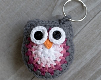 3" Cotton Crochet Owl Key Ring--Gray/Pink Ombre; Keychain; Keyring; Lanyard