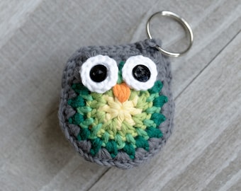 3" Cotton Crochet Owl Key Ring--Gray/Green Ombre; Keychain; Keyring; Lanyard