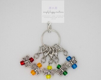 Set/5 Beaded Crochet Stitch Markers--Tiny Butterflies, Rainbow
