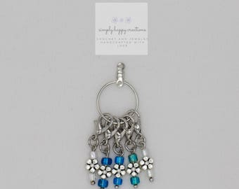 Set/5 Crochet Stitch Markers--Tiny Flowers, Blue/White