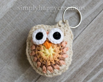 3" Cotton Crochet Owl Key Ring--Ivory/Peach/Yellow/Brown; Keychain; Keyring; Lanyard