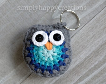 3" Cotton Crochet Owl Key Ring--Gray/Blue Ombre; Keychain; Keyring; Lanyard