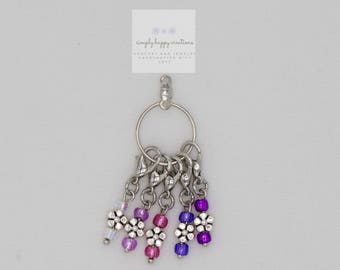 Set/5 Crochet Stitch Markers--Tiny Flowers, Pink/Purple/White