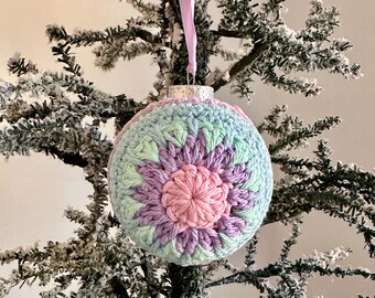 Cotton Crochet Holiday Ornament 3.5" Ball-Pastel with Pink Center; Party Decoration; Home Decor; Christmas Decor; Baby's 1st Christmas