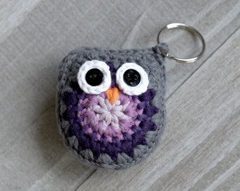 3" Cotton Crochet Owl Key Ring--Gray/Purple Ombre; Keychain; Keyring; Lanyard