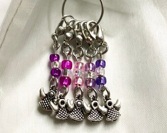 Set/5 Crochet Stitch Markers--Angels, Pink/Purple/White