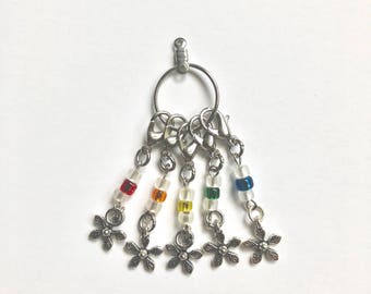 Set/5 Crochet Stitch Markers--Tiny Flower; Rainbow Colors