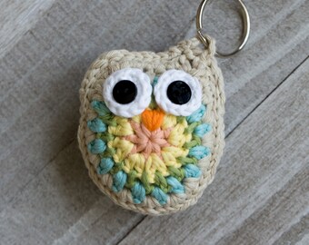 3" Cotton Crochet Owl Key Ring--Ivory/Aqua/Green/Yellow/Peach; Keychain; Keyring; Lanyard