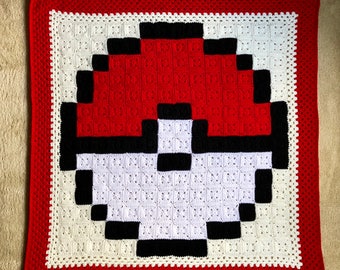 Ready to Ship--Crochet 8-Bit Pixel Art Throw Blanket--Poke Ball
