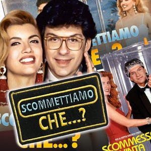May include: A collage featuring several smiling people, with a prominent black patch embroidered with the words "Scommettiamo Che...?" in yellow and blue. The background includes additional text and images.