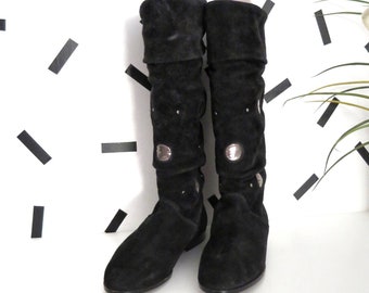 80's Vintage Black Suede Boots Size 37