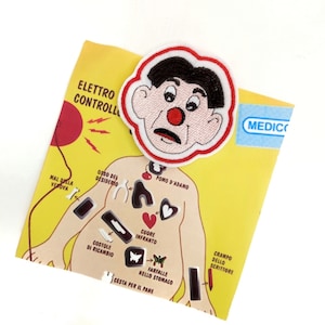 May include: A yellow and red illustrated card with a cartoon man's face on it. The card has text in Italian that says "elettro controll" and "medico". The cartoon man has a red nose and a worried expression.