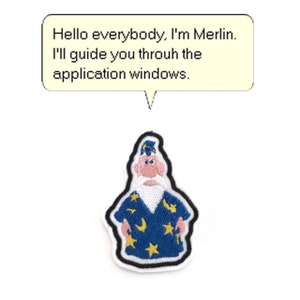 Pode incluir: Um remendo bordado com um mago de desenho animado vestindo uma túnica azul e uma barba branca. O mago está usando um chapéu pontudo e tem uma expressão amigável. O remendo tem um balão de fala acima que diz "Olá a todos, eu sou Merlin. Vou guiá-lo pelas janelas do aplicativo."