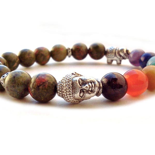 Buddha 7 Chakra bracelet, Elephant 7 Chakra bracelet, Unakite bracelet, Buddha bracelet, Good Luck Elephant charm, Yoga meditation bracelet