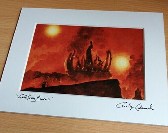 May include: A watercolour painting of a futuristic city with two suns in the sky. The city is surrounded by a red and orange sky. The painting is signed "Gallifrey Burns" and "Carly Edwards".