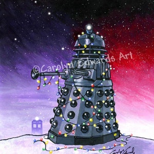 May include: A black Dalek robot decorated with Christmas lights stands in a snowy landscape against a purple and red starry sky. The Dalek is holding a Christmas ornament in its arm. The text "&copy; Carolyn Edwards Art" is visible in the image.