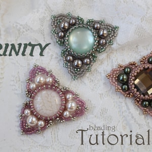 May include: Three beaded jewelry pieces in the shape of a triangle with a central stone. The pieces are in shades of green, pink, and brown. The text "TRINITY beading Tutorial" is visible in the image.