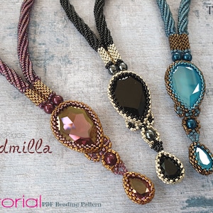 May include: Three beaded necklaces with teardrop-shaped pendants. The pendants are made with black, blue, and purple crystals. The necklaces are made with gold, black, and blue beads. The necklaces are called "Ludmilla" and are available as a tutorial.