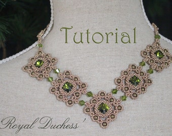 May include: A beaded necklace with a square design featuring green and gold beads. The necklace is on a mannequin and the text "Tutorial" and "Royal Duchess" is visible.