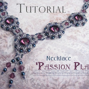 May include: A tutorial for a beaded necklace called "Passion Play". The necklace is made with purple and silver beads and has a dangling drop.