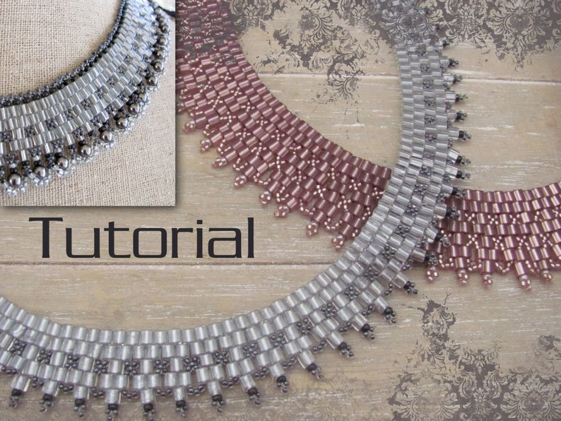 May include: Three beaded necklaces in silver, pink, and purple, with a tutorial text overlay. The necklaces are made with small, uniform beads and have a layered, cascading design.