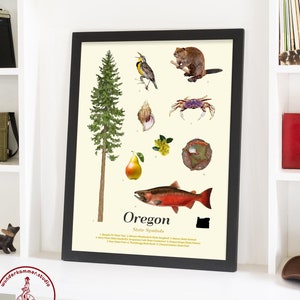 Póster de símbolos del estado de Oregón, arte mural de Oregón, decoración del hogar de Oregón, arte de inauguración de la casa, regalo de Portland