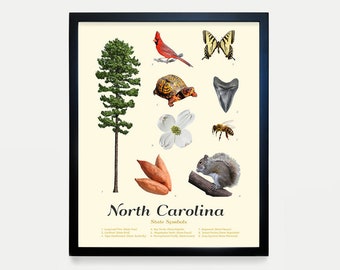 North Carolina State Symbole Typologie - North Carolina Kunst - North Carolina Poster - North Carolina Wandkunst - Durham - Raigh - Charlotte