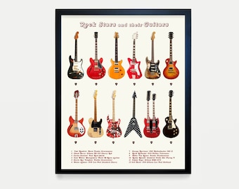 Guitar Poster, Rock Stars and Their Guitars, History of Rock n Roll, Rock n Roll Poster, Music Wall Art, Guitar Wall Art, Hendrix Guitar