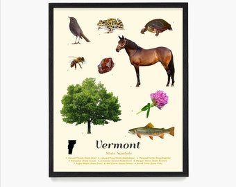 Vermont State Symbols Poster, Vermont Wall Art, Vermont Decor, Vermont Home, Housewarming Art, Vermont Gift