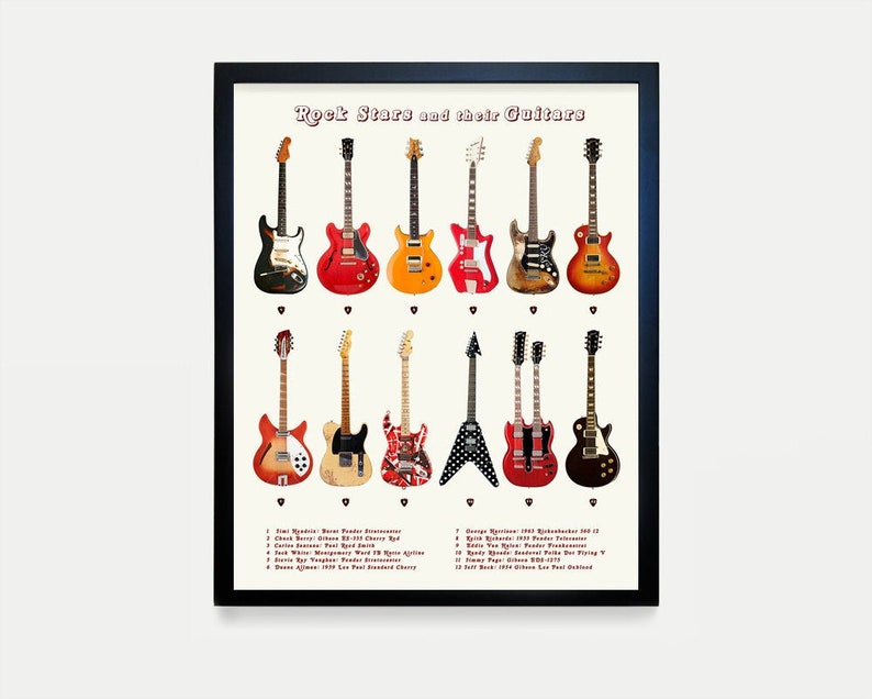 Guitar Poster, Rock Stars and Their Guitars, History of Rock n Roll, Rock n Roll Poster, Music Wall Art, Guitar Wall Art, Hendrix Guitar image 1