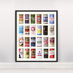 Vintage Beer Can Poster – Retro Beer Cans Wall Art, Typology of Classic Brew Brands, Bar & Man Cave Decor