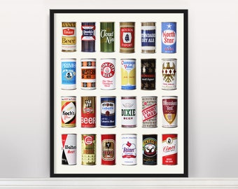 Vintage Beer Can Art Print: Retro Brew Brands, Bar Decor